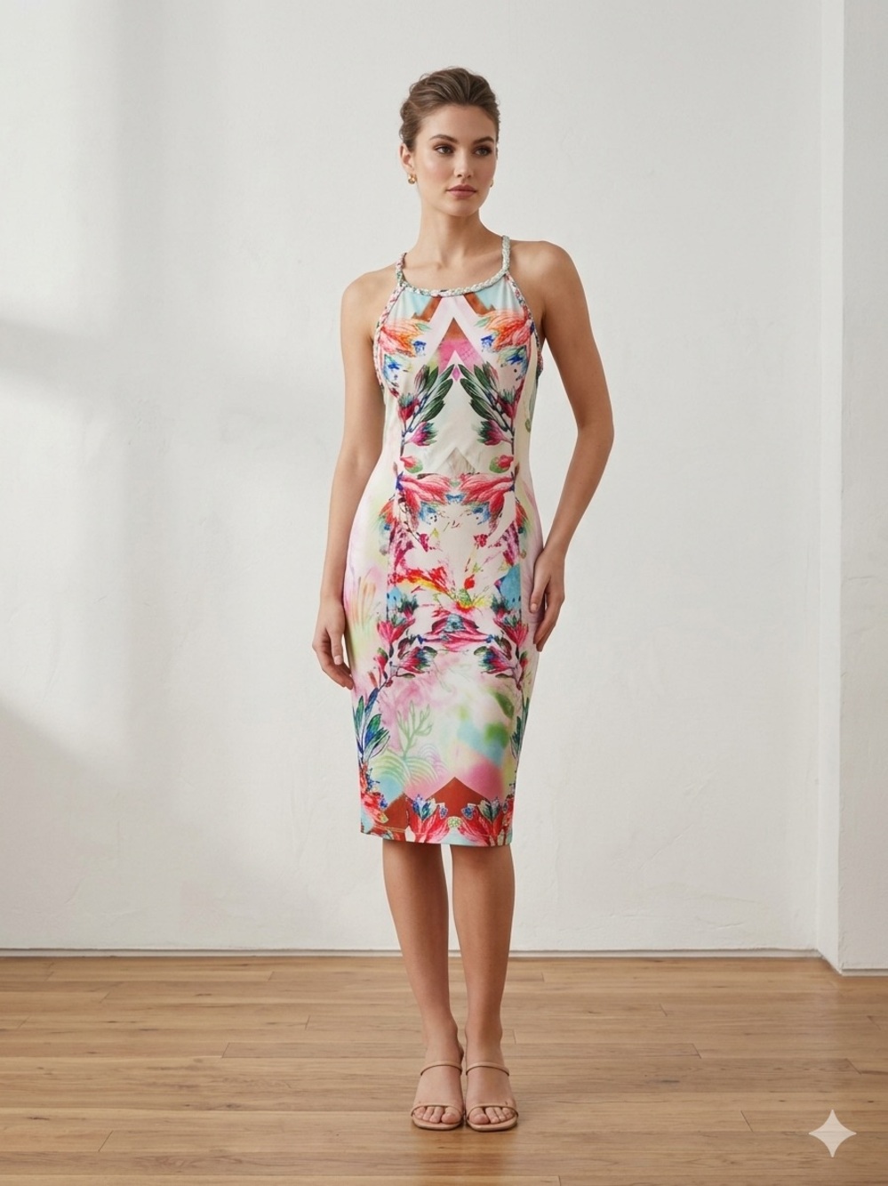 Floral Halter Sheath Dress in Multicolor